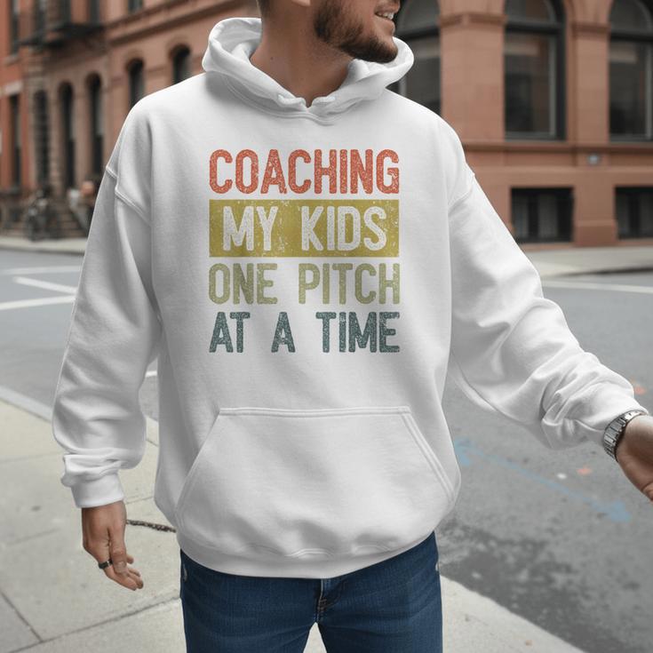 Vintage Baseball Dad Coaching My Kids One Pitch At A Time Men Hoodie