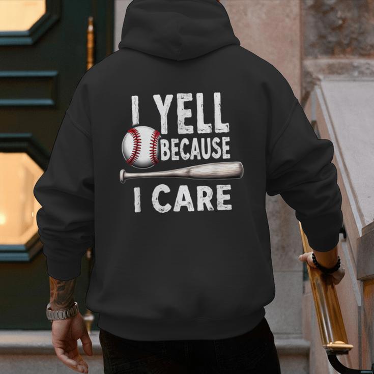 Humor Baseball Dad I Yell Because I Care Men's Hoodie Back Print