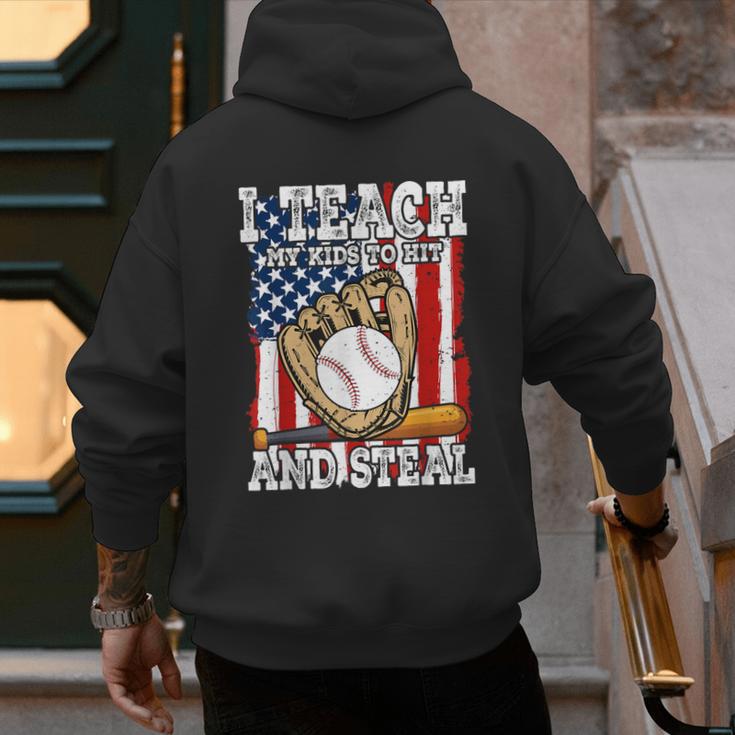 I Teach My Kids To Hit And Steal Baseball Dad American Flag Men's Hoodie Back Print