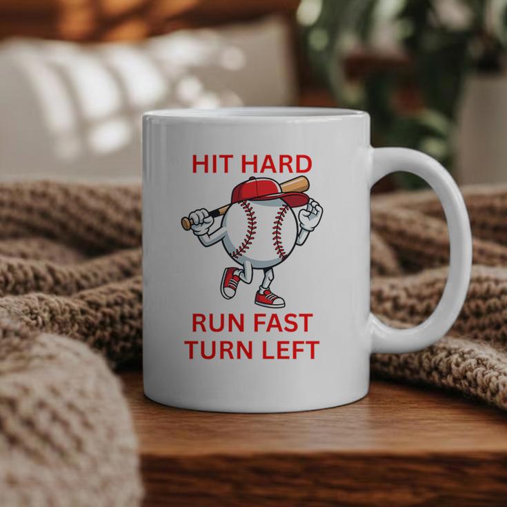 Hit Hard Run Fast Turn Left Baseball Player Premium Tri-Blend Graphic Print Coffee Mug