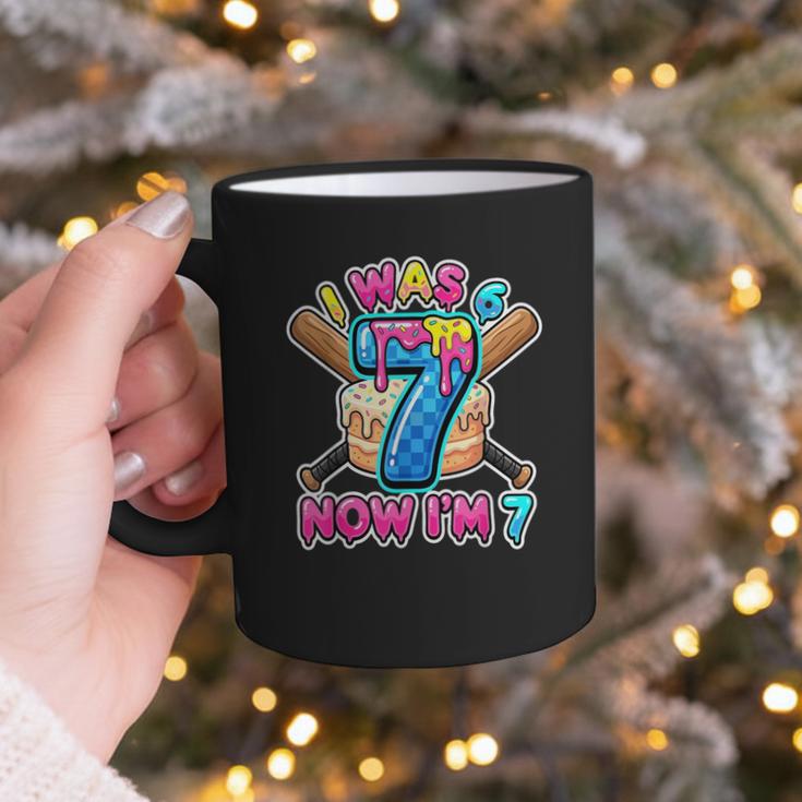 Blue Checkered I Was 6 Now I'm 7 Birthday Cake Baseball Drip Graphic Print Coffee Mug