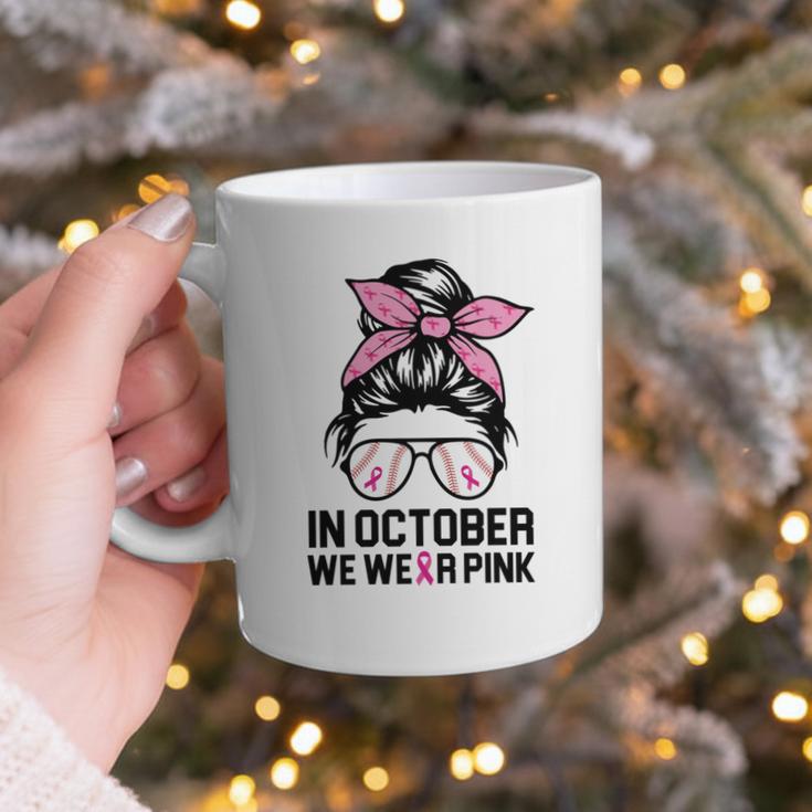 In October We Wear Pink Baseball Mom Messy Bun Breast Cancer Graphic Print Coffee Mug