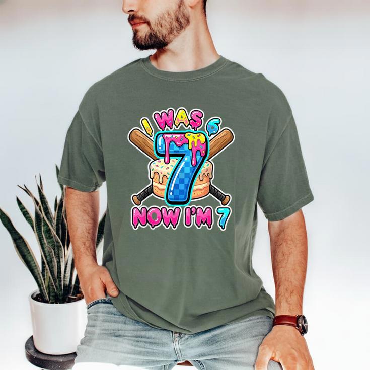Blue Checkered I Was 6 Now I'm 7 Birthday Cake Baseball Drip Men's Comfort Colors T-Shirt