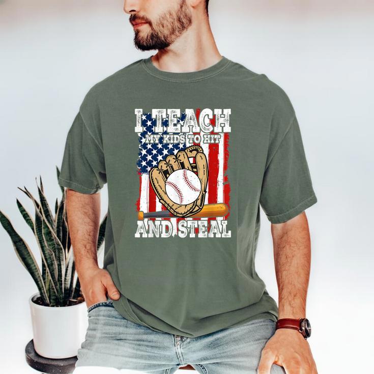 I Teach My Kids To Hit And Steal Baseball Dad American Flag Men's Comfort Colors T-Shirt I Teach My Kids To Hit And Steal Baseball Dad American Flag Men's Comfort Colors T-Shirt