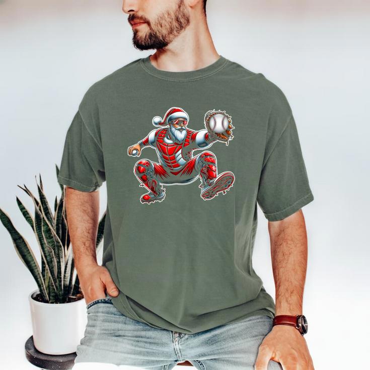 Santa Playing Baseball Catcher Merry Christmas Sport Player Men's Comfort Colors T-Shirt