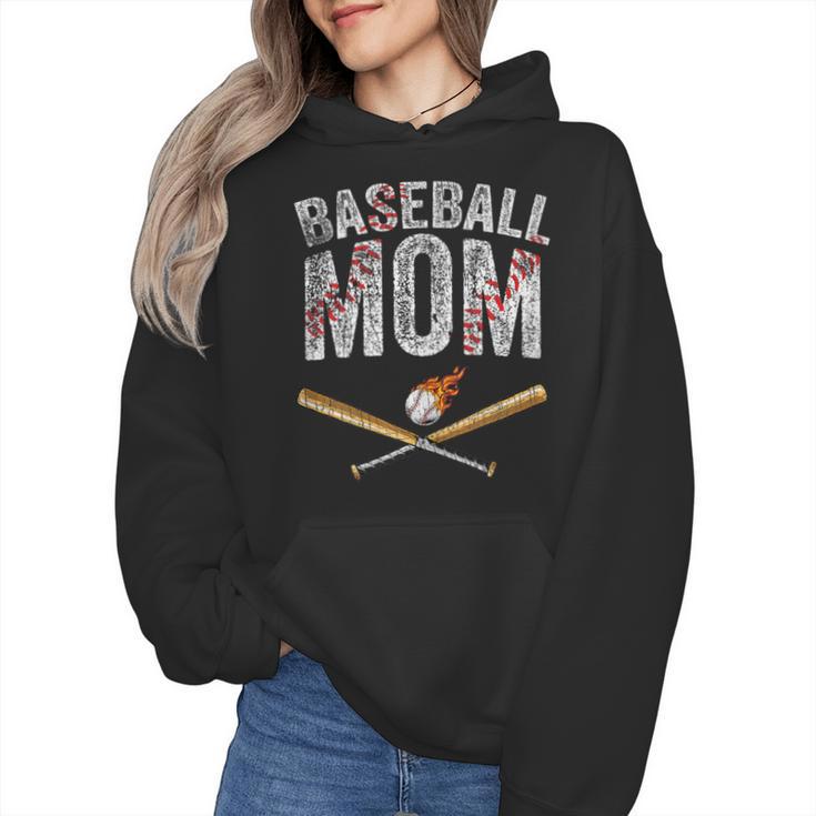 Baseball Mom Crossed Bats With Ball On Fire Distressed Wmen Hoodie