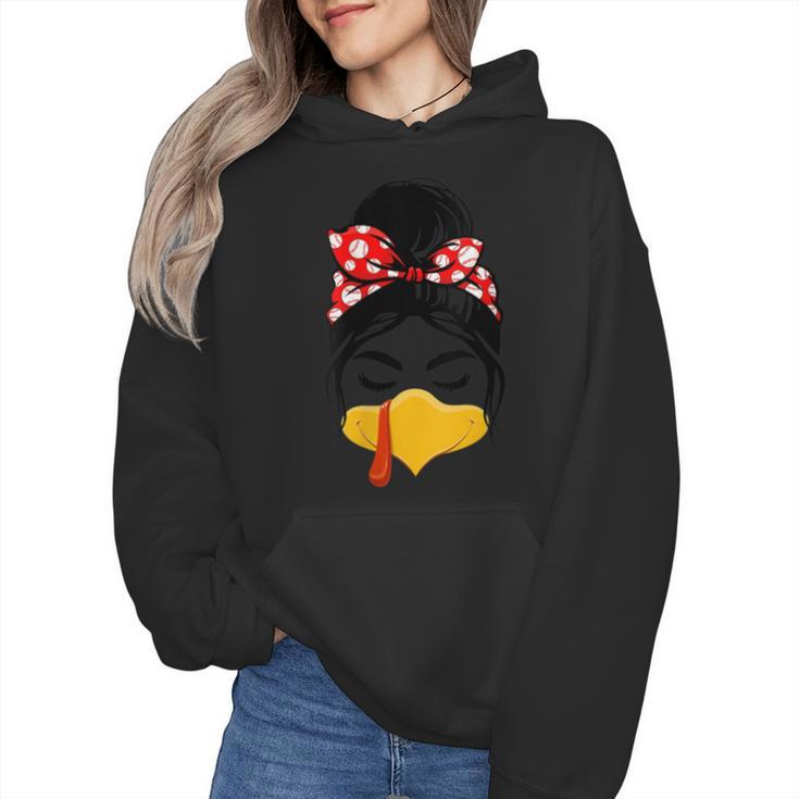 Messy Bun Baseball Mom Turkey Face Matching Thanksgiving Wmen Hoodie
