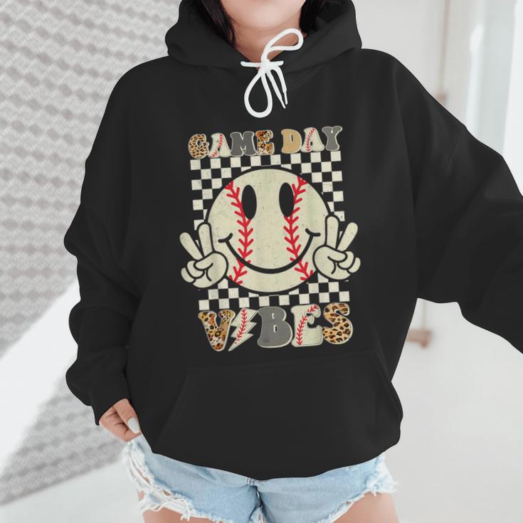 Women Kids Baseball Game Day Vibes Smile Baseball Mom Wmen Hoodie Women Kids Baseball Game Day Vibes Smile Baseball Mom Wmen Hoodie