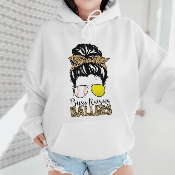 Busy Raising Ballers Tennis Baseball Mom Messy Bun Leopard Wmen Hoodie
