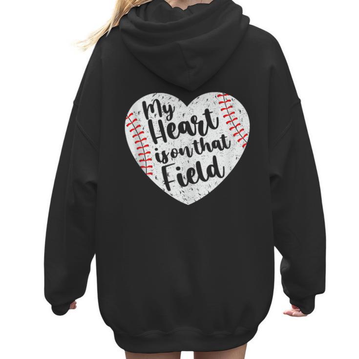 Retro My Heart Is On That Field Baseball Mom Mother's Day Women Hoodie Back Print