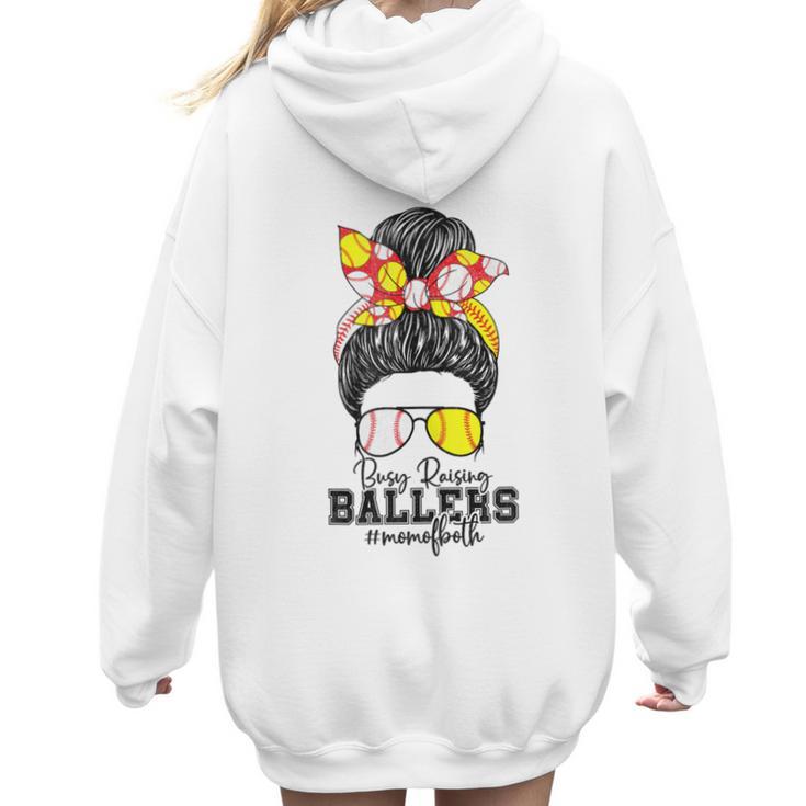Busy Raising Ballers Softball Messy Bun Baseball Mom Women Hoodie Back Print