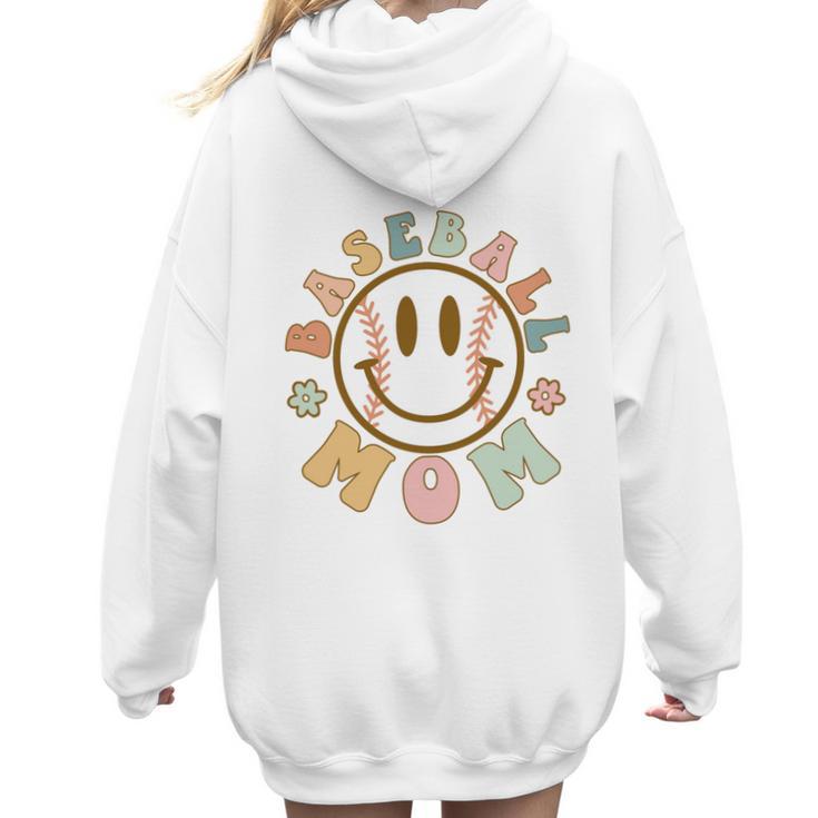 Happy Baseball Mom Groovy Retro Floral Smiling Face Women Hoodie Back Print
