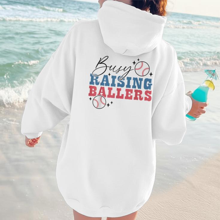 Busy Raising Ballers Retro Groovy Baseball Mom Outfit Women Hoodie Back Print