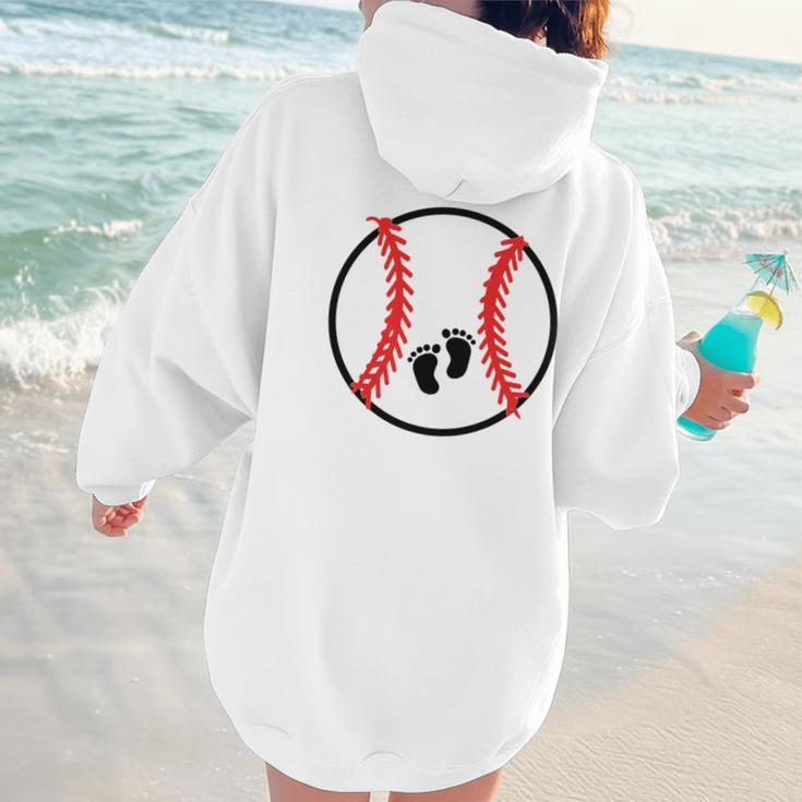Pregnant Baseball Mom Pregnancy Announcement Baby Feet Belly Women Hoodie Back Print