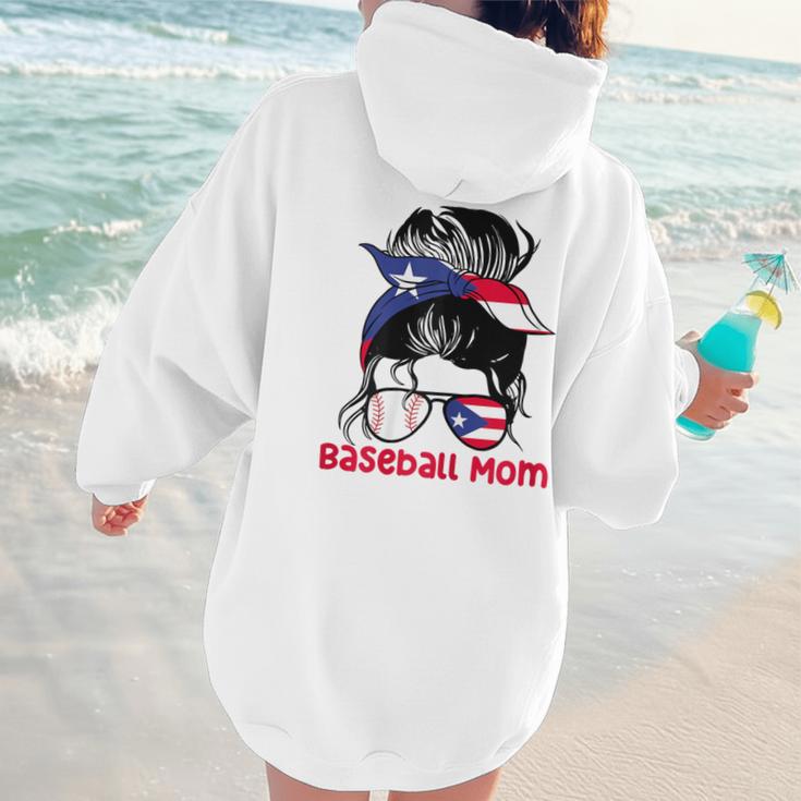 Puerto Rico Baseball Mom Messy Bun Boricua Women Hoodie Back Print