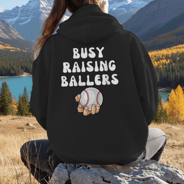 Busy Raising Ballers Baseball Mom Groovy Mother Day Women Hoodie Back Print