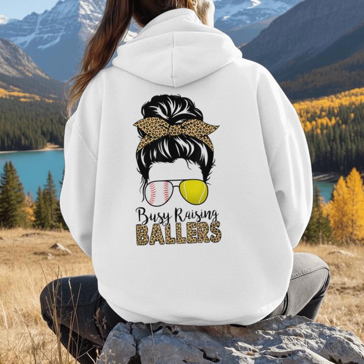 Busy Raising Ballers Tennis Baseball Mom Messy Bun Leopard Women Hoodie Back Print Busy Raising Ballers Tennis Baseball Mom Messy Bun Leopard Women Hoodie Back Print