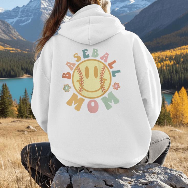Groovy Retro Floral Happy Smiling Face Baseball Mom Women Hoodie Back Print Groovy Retro Floral Happy Smiling Face Baseball Mom Women Hoodie Back Print