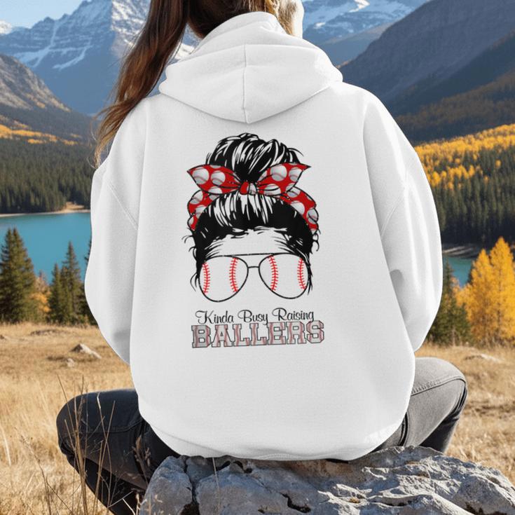 Kinda Busy Raising Ballers Messy Bun Funny Baseball Mom Women Hoodie Back Print