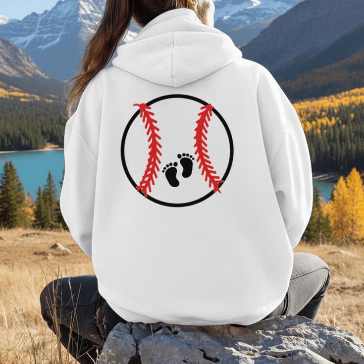 Pregnant Baseball Mom Pregnancy Announcement Baby Feet Belly Women Hoodie Back Print