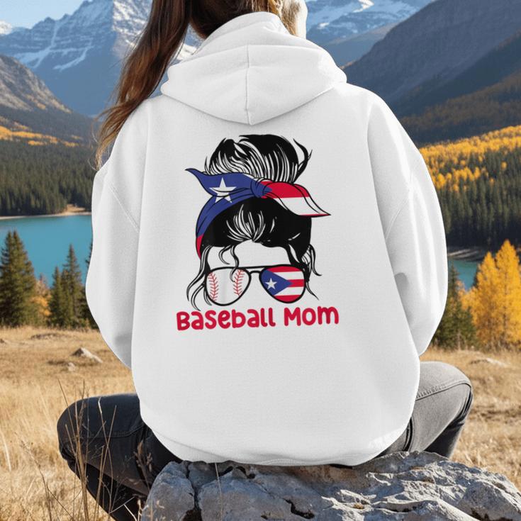 Puerto Rico Baseball Mom Messy Bun Boricua Women Hoodie Back Print