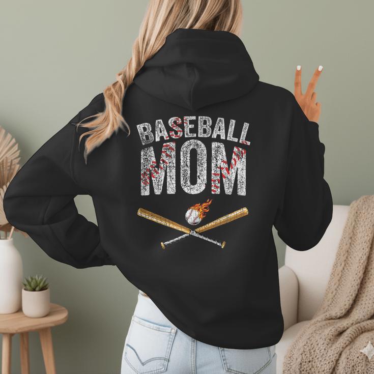 Baseball Mom Crossed Bats With Ball On Fire Distressed Women Hoodie Back Print