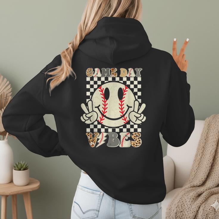Women Kids Baseball Game Day Vibes Smile Baseball Mom Women Hoodie Back Print