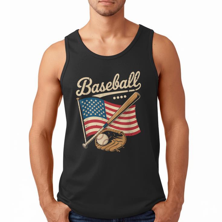 American Flag Baseball Player Bat Fan Catcher Pitcher USA Men Tank Top