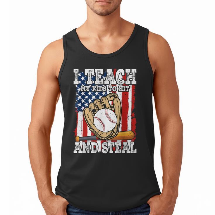 I Teach My Kids To Hit And Steal Baseball Dad American Flag Men Tank Top