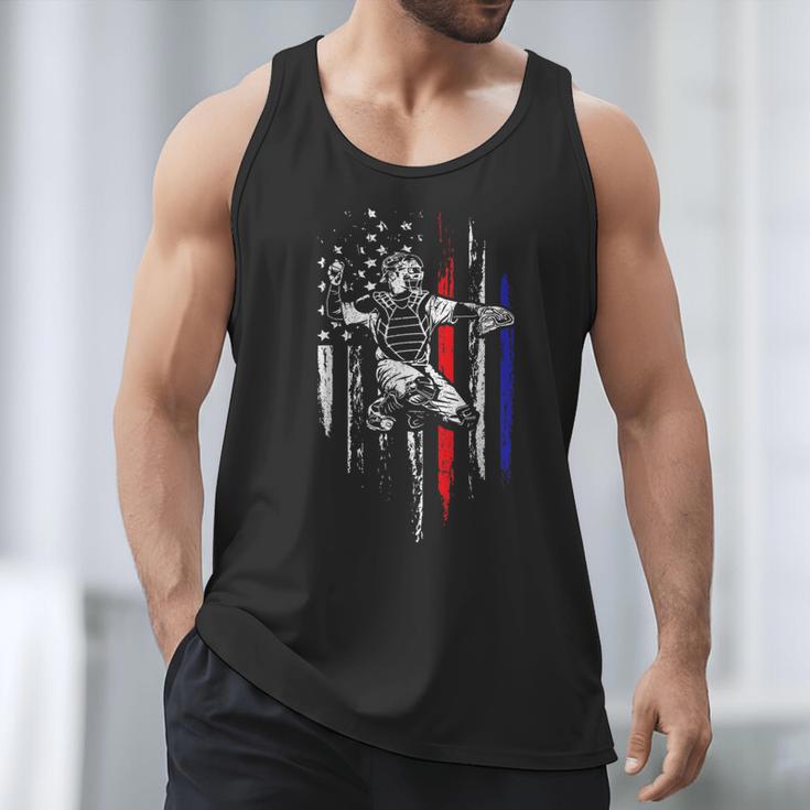 Patriotic Baseball Catcher American Flag Sports Tee Men Tank Top
