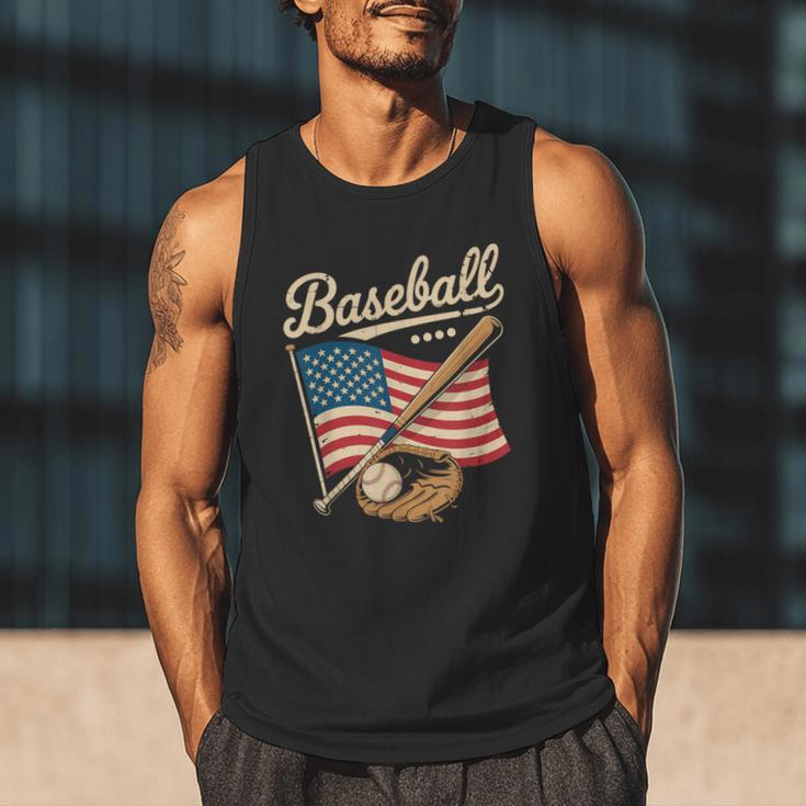 American Flag Baseball Player Bat Fan Catcher Pitcher USA Men Tank Top