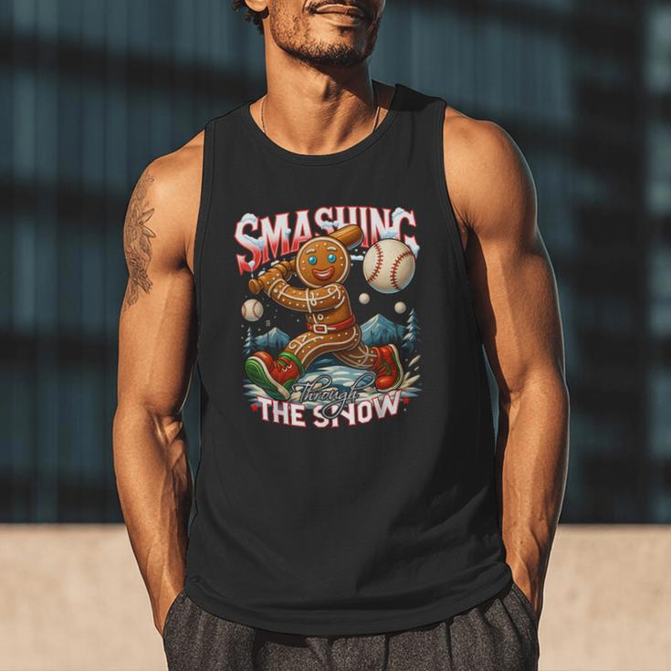 Baseball Player Christmas Gingerbread Smashing Through Snow Men Tank Top Baseball Player Christmas Gingerbread Smashing Through Snow Men Tank Top