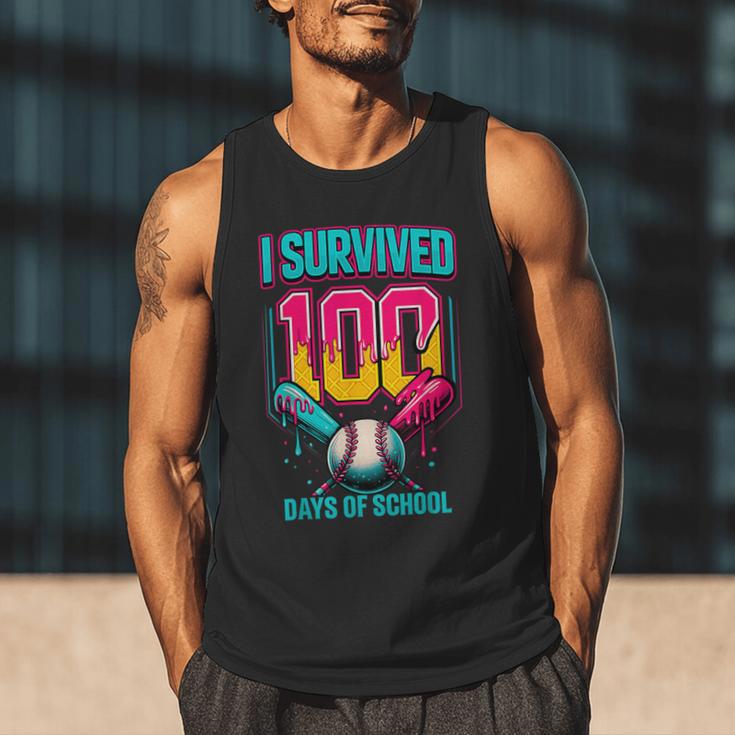 HUGvyn I Survived 100 Days Baseball Teacher Ice Cream Drip Men Tank Top