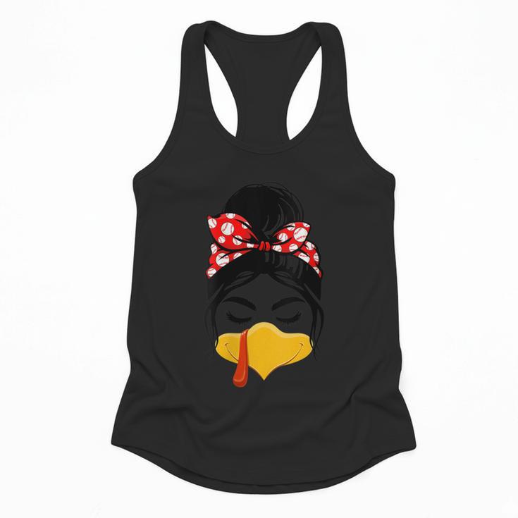 Messy Bun Baseball Mom Turkey Face Matching Thanksgiving Flowy Tank