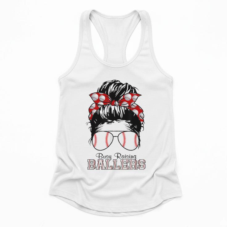 Busy Raising Ballers Messy Bun Funny Baseball Mom Flowy Tank