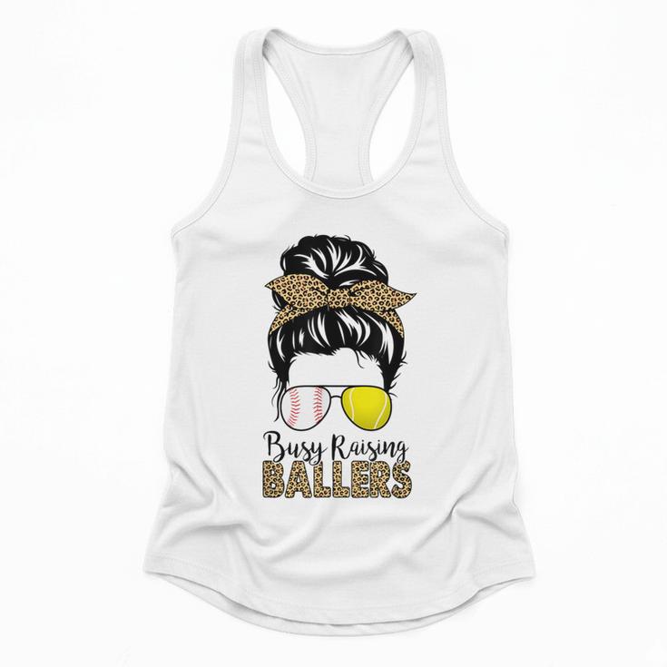 Busy Raising Ballers Tennis Baseball Mom Messy Bun Leopard Flowy Tank