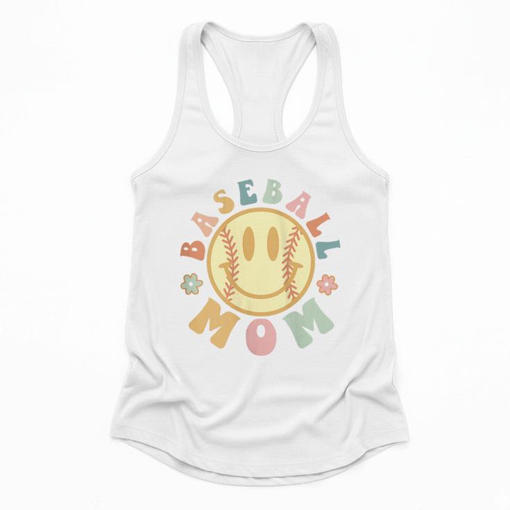 Groovy Retro Floral Happy Smiling Face Baseball Mom Flowy Tank