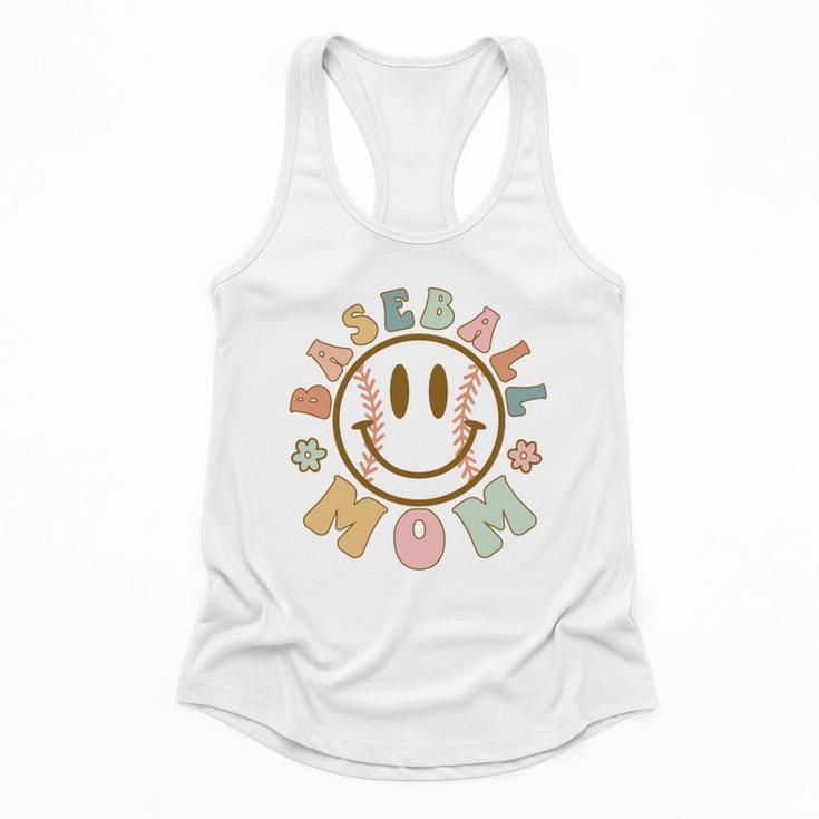 Happy Baseball Mom Groovy Retro Floral Smiling Face Flowy Tank