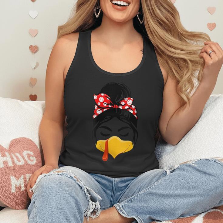 Messy Bun Baseball Mom Turkey Face Matching Thanksgiving Flowy Tank