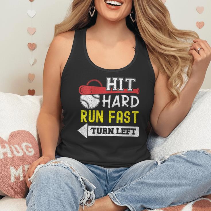 Women's Hit Hard Run Fast Turn Left Baseball Quote Fan Coach Flowy Tank Women's Hit Hard Run Fast Turn Left Baseball Quote Fan Coach Flowy Tank