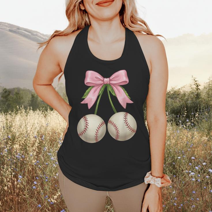 Baseball Girls Women Coquette Pink Bow Baseball Flowy Tank