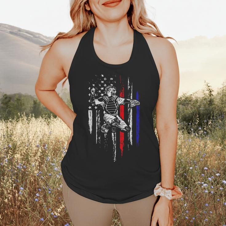 Patriotic Baseball Catcher American Flag Sports Tee Flowy Tank