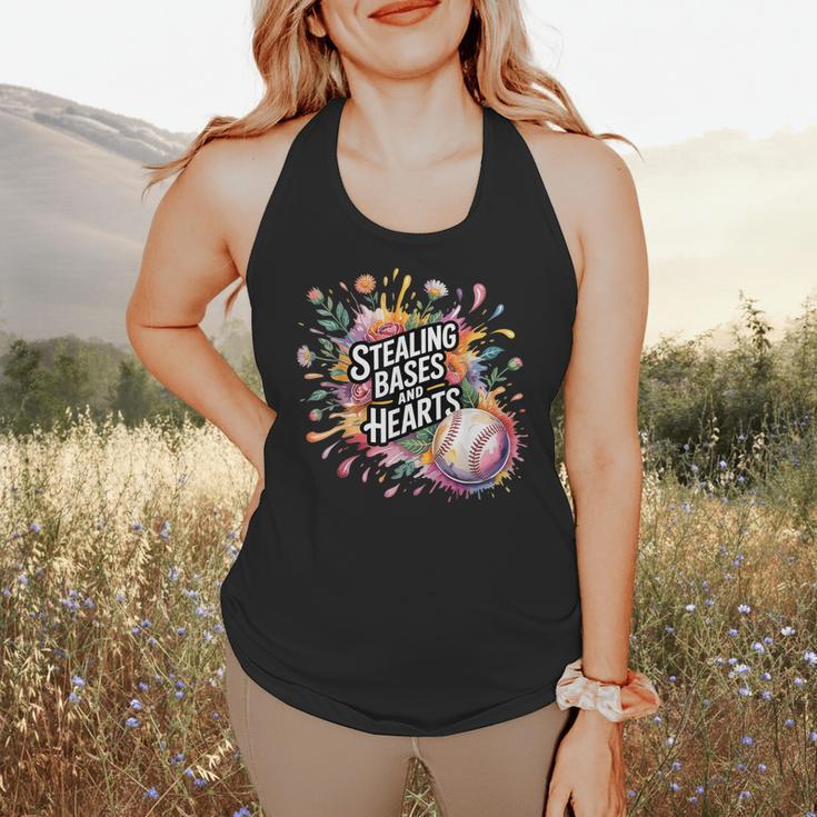 Stealing Bases And Hearts Baseball Puns Sports Flowy Tank