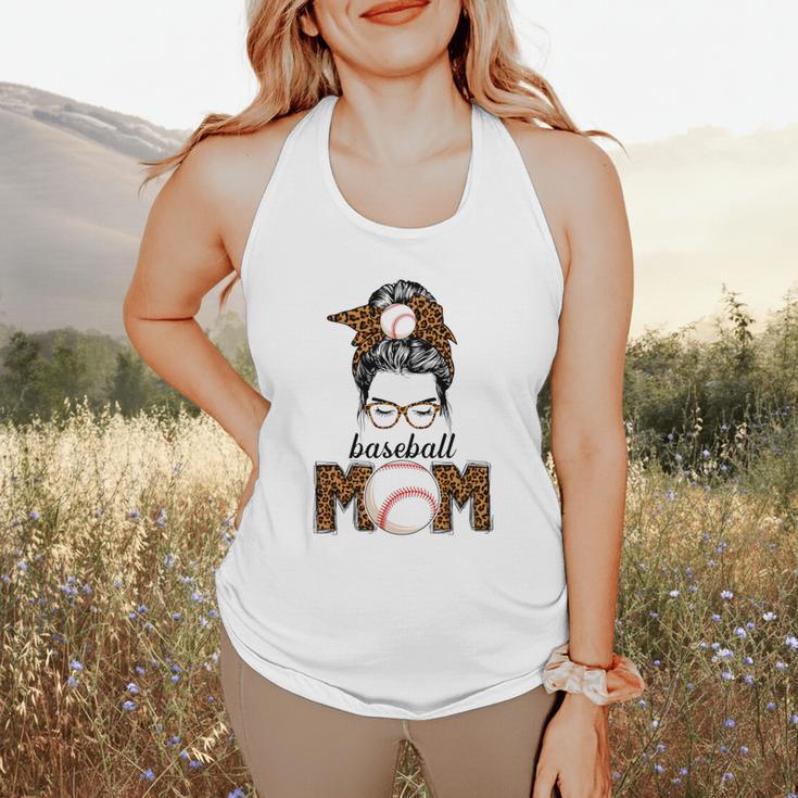 Baseball Mom Women Messy Bun Leopard Mother's Day Flowy Tank