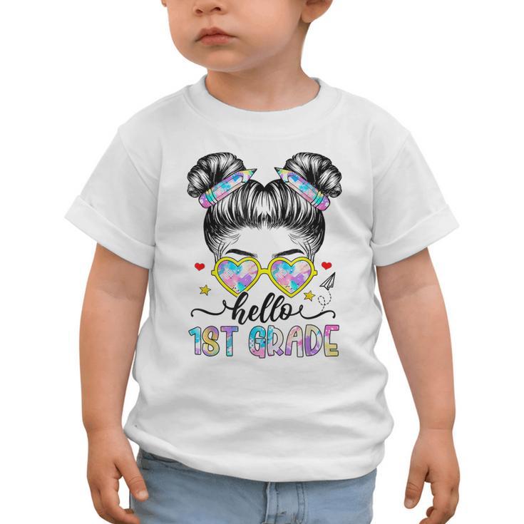 Hello 1st Grade Messy Bun Girl Back To School First Day Graphic Toddler T-Shirt