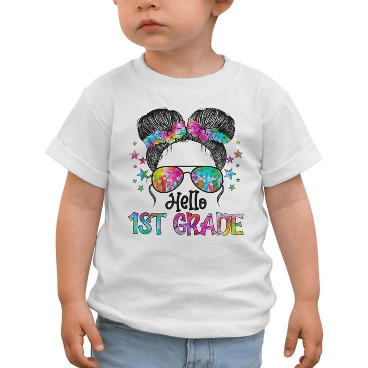 Messy Hair Bun Girl Back To School First Day Hello 1st Grade Graphic Toddler T-Shirt