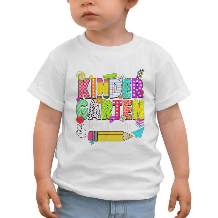 Watch Out Kindergarten Here I Come Kinder Back To School Graphic Toddler T-Shirt Watch Out Kindergarten Here I Come Kinder Back To School Graphic Toddler T-Shirt