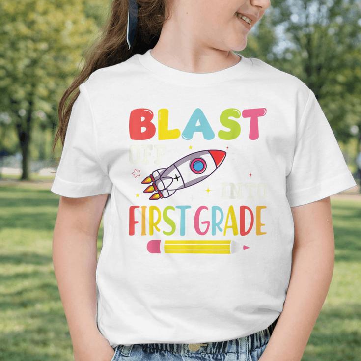 Blast Off Into First Grade Back To School Kids Rocket Space Graphic Toddler T-Shirt Blast Off Into First Grade Back To School Kids Rocket Space Graphic Toddler T-Shirt