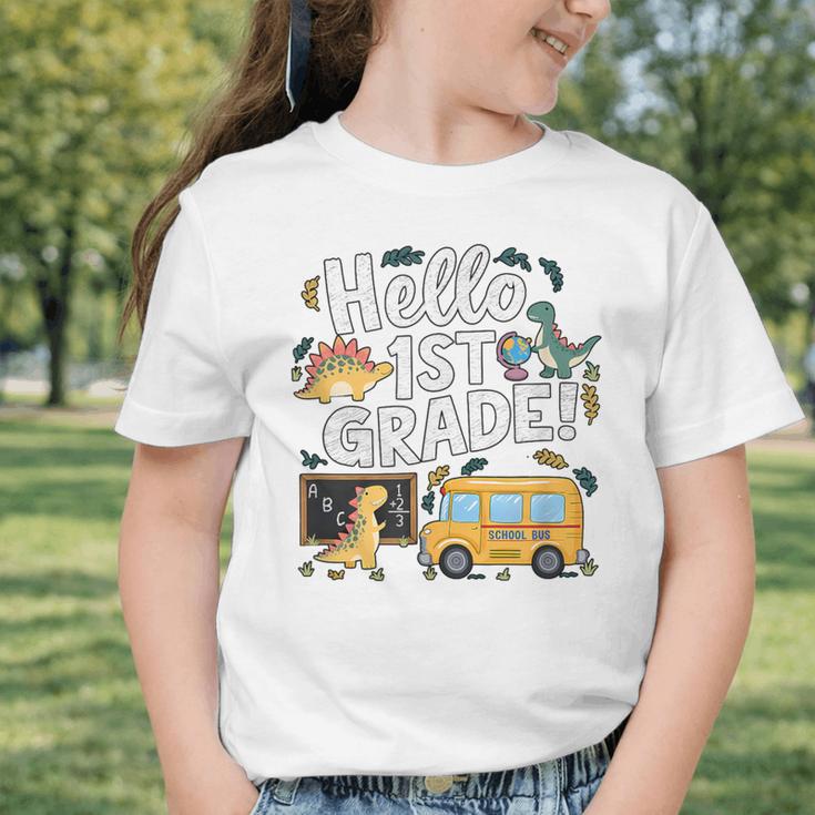 Cute Hello 1st Grade Dinosaur School Back To School Dino Bus Graphic Toddler T-Shirt Cute Hello 1st Grade Dinosaur School Back To School Dino Bus Graphic Toddler T-Shirt