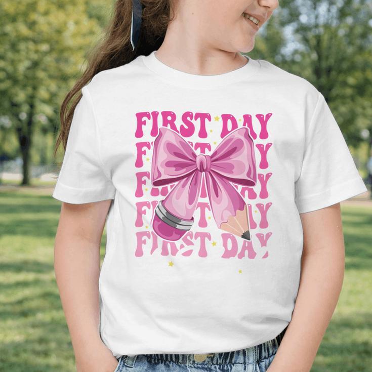 First Day Of School Girls Coquette Bow Back To School Performance Graphic Toddler T-Shirt First Day Of School Girls Coquette Bow Back To School Performance Graphic Toddler T-Shirt